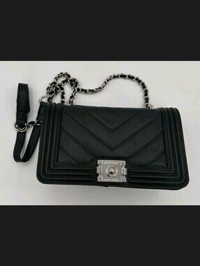 Bagley Mischka Black Quilted Crossbody Bag with Silver Chain Strap.  NWT